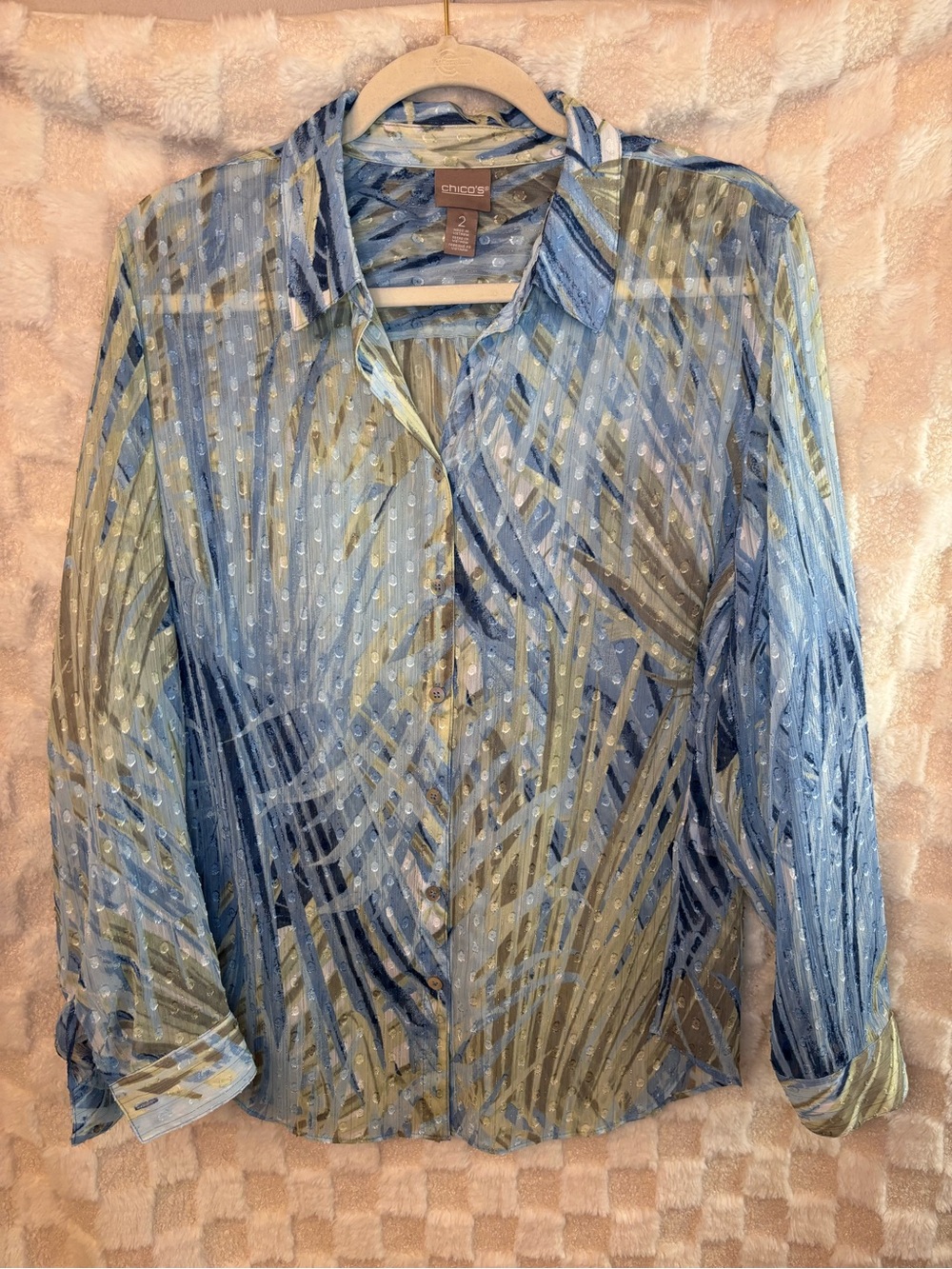 Chico's Blue and Olive Abstract Stripe Button-Down Shirt size 2